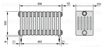 Схема (чертеж) Радиатор Zehnder Charleston 6030/11 №3570 Белый глянцевый RAL 9016